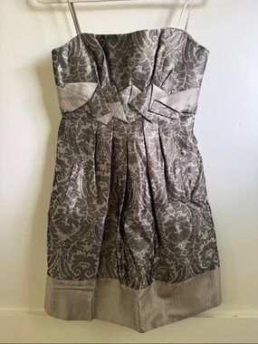 BCBGMaxAzria Strapless Silver-Gray Brocade Party Dress
